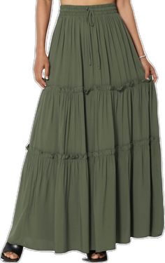 Kelton Ruffle Tiered Woven Maxi Skirt DUSTY OLIVE_1 Green Tiered Skirt, Flowy Tiered Skirt In Solid Color, Casual Ruffled Rayon Skirt, Casual Flowy Maxi Skirt With Elastic Waistband, Casual Rayon Ruffled Skirt Bottoms, Casual Rayon Ruffled Skirt, Casual Long Skirt With Ruffle Hem, Casual Gathered Skirt Bottoms In Rayon, Casual Maxi Skirt With Ruffle Hem For Day Out