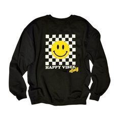 Smiley Face Checkerboard Sweatshirt Happy Vibes Hoodie Oversized Crewneck Good Vibes Sweatshirt Smiley Face Hoodie Preppy Crewneck Trendy 📦 FREE SHIPPING on orders $35 or more to US shoppers 🛒Our unisex Smiley Face Checkerboard Crewneck Sweatshirts are a soft relaxed/loose fitting sweatshirt, perfect for lounging around the house, relaxing, or running errands. 👕Brand = Gildan 🧵Fabric = 50% Cotton / 50% Polyester ✂️Design = White & Yellow heat-applied vinyl 🎨Color = Black (Colors will va Casual Relaxed Fit Sweatshirt With Smiley Face, Playful Smiley Face Crew Neck Top, Casual Smiley Face Crew Neck Sweatshirt, Trendy Smiley Face Crew Neck T-shirt, Preppy Crewneck, Black Crew Neck T-shirt With Smiley Face, Cheap Fun T-shirt With Smiley Face, Preppy Sweatshirts, Trendy Crewneck