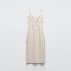 Zara Nwt Cute Strappy Corset Demin Midi Dress Cream Color Xs Size Elegant Zara Midi Dress With Straight Neckline, Fitted Linen Midi Dress For Party, Fitted Linen Slip Dress For Spring, Zara Sheath Midi Dress For Summer, Zara Summer Midi Dress With Straight Neckline, Zara Linen Midi Dress For Summer, Zara Linen Dress For Day Out, Spring Linen Midi Dress For Date Night, Beige Sheath Dress For Summer