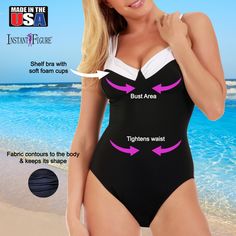 The InstantFigure Contrast Trim One-Piece Swimsuit covers and compliments in all the right ways. Feel confident knowing that your curves are being highlighted with a subtle sexiness that you will love! Just slip it on and watch it flatten the tummy, slim the hips and flatter your derriere. The interlocking loops in back over a sexy keyhole back are sure to turn heads wherever you go. The perfect conversation piece for any poolside, beach or swimming event. Shelf bra and soft foam cups complete this one-piece swimsuit. The 4-way stretch compression fabric in this one-piece swimsuit is slimming, smooth and comfortable. Features: Shelf bra with soft foam cups Flattering contrast trim Interlocking contrast straps Sexy keyhole back Full coverage bottom Fabric contours to the body & keeps its sh Fitted Black One-piece Swimwear For Sunbathing, Fitted Full Coverage Swimwear With Built-in Cups, Fitted Black One-piece For Sunbathing, Fitted Full Coverage Beachwear Swimwear, Fitted Full Coverage Swimwear, Fitted Full Coverage Swimwear For Swimming, Black Full Coverage Swimwear For Pool, Black Tankini With Built-in Cups For Swimming, Fitted Full Coverage Swimwear For Beach Season