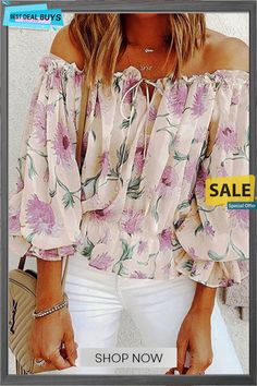 Floral Print Off Shoulder Blouse Tie Neck Tops, Floral Print Shirt, Womens Tops Summer, Women Tunic Tops, Strapless Tops, Flounce Sleeve, Floral Print Blouses, Trend Fashion, Chiffon Shirt