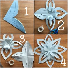 four pictures showing how to make paper flowers