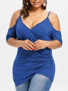 Plus Size Cross Front Asymmetric T-shirt - Blue - 3373266032 - Women's Clothing, Plus Size Women's Clothing  #PlusSizeWomensClothing #Women's #Clothing # #Plus #Size #Women's #Clothing Legging Court, Over 50 Womens Fashion, Maxi Robes, Womens Tops Summer, Plus Size Kleidung, Solid Color Shirt, Asymmetrical Tops, Plus Size Top, Plus Size Womens Clothing