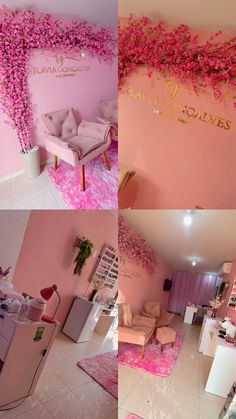 the interior of a salon with pink flowers on the walls and furniture in the room