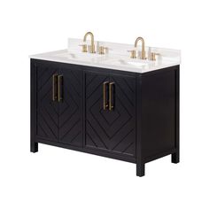 the double sink vanity has two gold faucets on it and is black with white marble