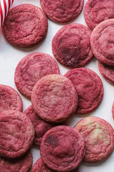 red velvet cookies are arranged on a white surface