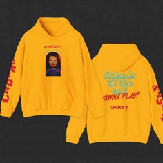 Chucky Movie Hoodie Sweatshirt, Graphics on front, left sleeve, and back of yellow, black or white sweatshirt. Features the Chucky Doll box with the Good Guys logo on the front, the Chucky text logo, and more. .: 50% cotton, 50% polyester (fiber content may vary for different colors) .: Medium-heavy fabric (8.0 oz/yd² (271 g/m .: Classic fit .: Tear-away label .: Runs true to size Chucky Merch, Chucky Hoodie, Guys Friends, Chucky Movies, Chucky Doll, Childs Play, Guy Friends, Text Logo, Oversized Hoodie