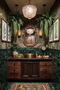 a bathroom with green tile and wooden vanity, potted plants on either side of the sink