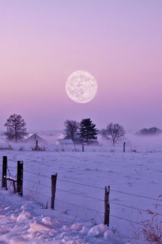 the full moon shines brightly over a snowy field with barbed wire fence and trees