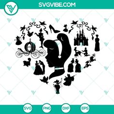 the silhouettes of disney characters are arranged in a heart shaped frame, which is surrounded by