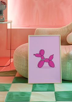 an image of a pink poodle on a purple background in a room with green and white checkered flooring