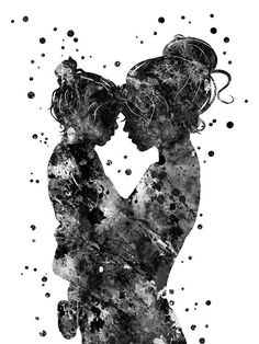 two people are kissing in the shape of watercolors on white paper with black dots