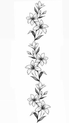 a black and white drawing of flowers with leaves on the stems, against a white background