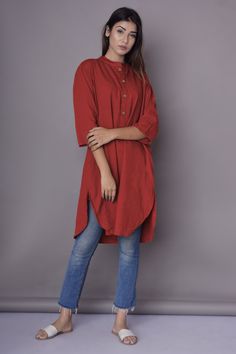 "Casual Shirt Dress for Women, Long Shirt, Apple cut shirt, Indian Kurta, Linen Washed Soft Shirt - Custom made by Modernmoveboutiique >DESCRIPTION< - loose and roomy. - apple cut - 3/4th sleeve - made from Linen blend. The fabric is of medium weight (185 g). - the model is 172 cm high (regular XS - S) and is wearing size S. - color in the picture - LAVA (Please choose any other color on the right). >COLOR< NOTE - The shirt is available in 25 colors. - We found out the fabric to be r Red Short Sleeve Tunic, Cotton Tunic Shirt Dress For Fall, Red Cotton Short Sleeve Shirt Dress, Red Cotton Shirt Dress With Short Sleeves, Fall Cotton Tunic Shirt Dress, Red Cotton Shirt Dress, Women Long Shirt, Shirt Dress For Women, Apple Cut