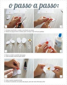 instructions to make paper flowers with scissors and glue on the top, in different ways