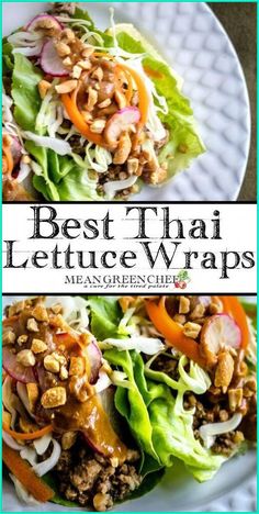 two plates with lettuce wraps and meat on them, the title says best thai lettuce wraps