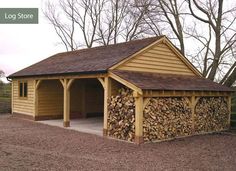 a log shed with logs stacked in the front and side by side on gravel ground