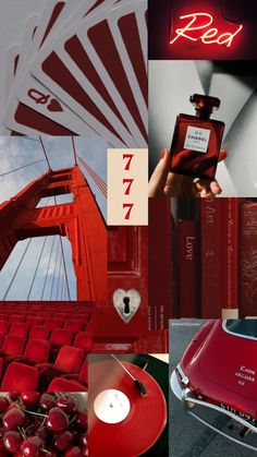 a collage with red and white images, including an old fashioned car, the golden gate bridge in san francisco