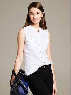 Sleeveless Safari Blouse | Banana Republic Women's Blouses, Low Budget, Tailored Shirts, Women's Tops, Cotton Poplin, Banana Republic, Sleeveless Top, Shirt Blouses, Blouses