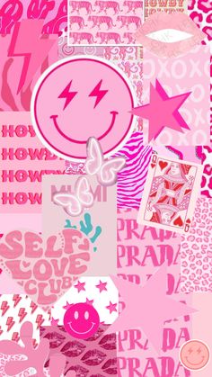 a collage of pink and white images with stars, hearts, and other things