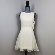 Size 4 Geary Roark White Dress Wedding Bachelorette Sheer Sleeveless Elegant Dress For Spring, Cream A-line Dress For Date Night, Lined Fit And Flare Dress For Wedding, Wedding Fit And Flare Lined Dress, Flowy Lined Wedding Dress, Chic Sheer Bridesmaid Dress, Spring Wedding Midi Dress, Lined, Spring Sleeveless Fitted Bridesmaid Dress, Spring Fitted Sleeveless Bridesmaid Dress