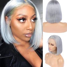 Grey Bob Lace Front Wig Colored Short Human Hair Wigs -SULMY 14 Inch  On Sale 100% Remy Human Hair, Fast Shipping, 2 to 7 Days to be Delivered. Hair Color Grey Silver, Grey Hair Braids, Blond Rose, Colored Bobs, Grey Bob, Straight Bob Hairstyles, Hairstyles Natural, Bob Lace Front Wigs, Short Human Hair Wigs