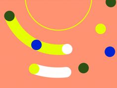 an abstract painting with blue, yellow and green circles on pink background by artist mark adkins