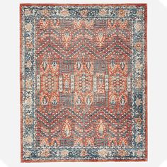 an orange, blue and red rug on a white background with lots of small details