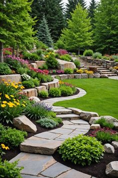 a garden with lots of rocks and flowers in the center, along with green grass