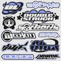 various stickers are shown in blue and black