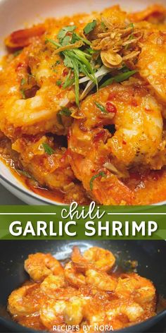 garlic shrimp recipe in a skillet with text overlay that reads cali garlic shrimp