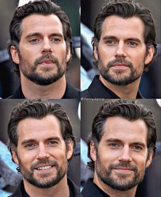 four different angles of the same man's face, including his eyes and beard