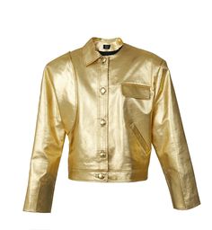 Golden short jacket with different sleeves and pockets. The blazer- shaped jacket has wide padded shoulders.• Material – golden faux leather • Lining – silk substituteMeasurements:XS - Bust(cm):80-82; Waist(cm):63-64; Hips(cm):87-89.S - Bust(cm):83-84; Waist(cm):65-66; Hips(cm):90-92.M - Bust(cm):88-90; Waist(cm):68-70; Hips(cm):94-96.L - Bust(cm):92-94; Waist(cm):74-76; Hips(cm):98-100.XL - Bust(cm):96-98; Waist(cm):78-80; Hips(cm):102-104.Those who are between sizes should order the larger siz Designer Gold Blazer For Work, Luxury Gold Blazer For Office, Chic Metallic Outerwear For Formal Occasions, Metallic Long Sleeve Blazer For Work, Luxury Gold Blazer For Spring, Gold Luxury Blazer For Spring, Chic Metallic Outerwear For Work, Luxury Gold Outerwear For Spring, Luxury Metallic Outerwear For Fall