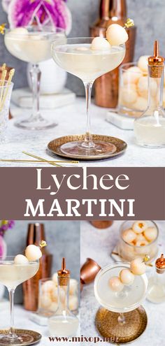 the lychee martini is served in coupe glasses and garnished with an egg