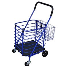 a blue shopping cart with two wheels and a basket on the front, isolated against a white background