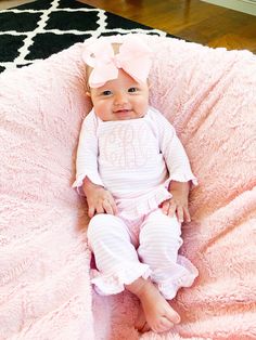 This sweet monogrammed outfit is perfect for everyday wear. Made of the softest 100% pima cotton! Details: 100% Pima Cotton Please note: bow will be 5.5 inch bow on wide headband (bow shown is 4.5 inch) Please read Shipping & Policies BEFORE placing an order. By placing an order, you are agreeing to the Policies and Procedures for SK Creations All Items are made to order & not ready to ship. Our embroidery is created with high quality, top-of-the line materials. All items come from a no- Baby Girl Monogram Ideas, Newborn Going Home Outfit Girl, Going Home Outfit For Baby Girl, Newborn Outfits Girl, Baby Girl Take Home Outfit, Personalized Baby Girl Clothes, Newborn Take Home Outfit, Stripes Outfit