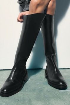 zara black leather riding boots US 8 EU 39 | eBay Zara Knee-high Boots For Workwear, Zara Knee-high Boots For Fall, Zara Business Boots For Fall, Zara Knee-high Boots For Formal Occasions, Zara Knee-high Boots For Winter, Zara Formal Knee-high Boots, Riding Boot Outfits, Plain White Sneakers, Flat Leather Boots