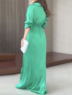 Sku CY-!132818 Material Dacron Style Long Sleeves Feature Split-side , Solid Color Neckline Lapel Collar Occasion Going out , Casual , Vacation Seasons Spring , Summer , Autumn Type Maxi Dresses , Shirt Dress Color GREEN Size S,M,L,XL Please consult the size chart we provide for this item's measurements to help you decide which size to buy.Please note: There may be 1-3cm differ due to manual measurement. CMINCH Bust Waist Shoulder Sleeve Length S 88 70 39 59 142 M 92 74 40 60 143 L 96 78 41 61 1 Cotton Dresses Summer, Side Split Dress, Green Office, How To Fold Sleeves, Fitted Maxi Dress, Solid Green, Maxi Shirt Dress, Polka Dress, Long Shirt Dress