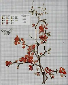 a cross stitch pattern with red flowers and a butterfly on the branch in front of it