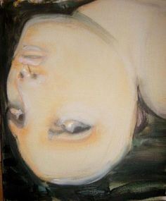 a painting of a woman's face with her eyes closed and one eye open