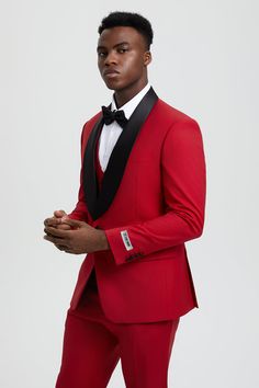 This one button tuxedo by Stacy Adams features a wide black satin shawl lapel, matching pants and vest. This comes in a hybrid fit (Sizes 34-44 = Slim Fit | Sizes 46+ = Modern Fit) Luxury Red Formal Sets, Tuxedo Suit With Notch Lapel For Gala, Red Tuxedo Three-piece Suit For Party, Red Tuxedo Style Three-piece Suit For Party, Elegant Tailored Red Tuxedo, Red Tuxedo Three-piece Party Suit, Red Blazer With Suit Collar For Evening, Elegant Tailored Red Three-piece Suit, Red Evening Blazer With Suit Collar