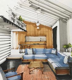 a drawing of a living room with blue couches and wooden tables in the center