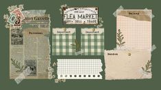 an assortment of papers with different designs and words on them, all in green tones