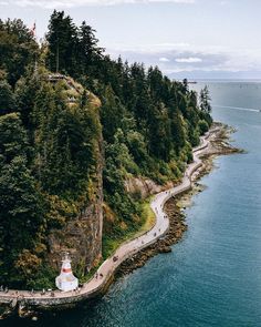 an aerial view of a lighthouse on the edge of a body of water surrounded by trees