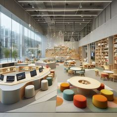 the interior of a library with tables and stools