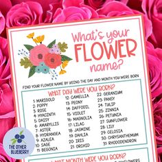 a sign that says what's your flower name? with pink roses in the background