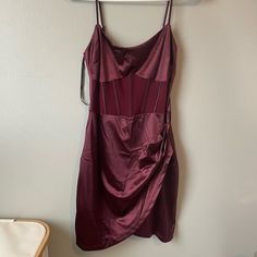 Never Worn New With Tags Chic Burgundy Satin Dress, Burgundy Ruched Dress For Night Out, Burgundy Satin Dress For Night Out, Burgundy Spaghetti Strap Evening Dress, Burgundy Mini Dress For Summer Night Out, Burgundy Mini Dress For Party Season, Burgundy Mini Dress For Night Out, Burgundy Mini Dress For Evening, Burgundy Summer Dress For Night Out