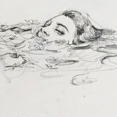 a drawing of a woman floating in the water with her eyes closed and mouth open