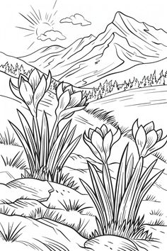 a black and white landscape with flowers in the foreground, mountains in the background