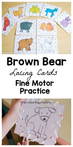 brown bear kazing cards with the words, find and practice in front of them